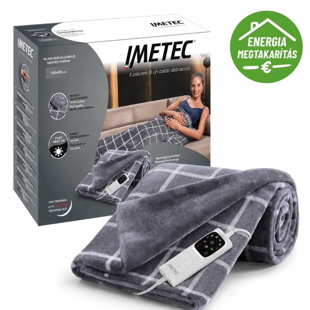 IMETEC 16775 Elektromos Melegítő Pléd 150x95cm Szürke CaldoPlaid Adapto